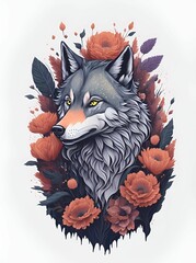 AI generated illustration of wolf with flowers on white background