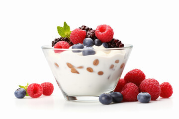 Full glass bowl of yogurt, red berry and oats on white background.