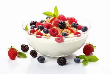 Full glass bowl of yogurt, red berry and oats on white background.