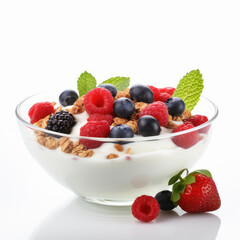 Full glass bowl of yogurt, red berry and oats on white background.