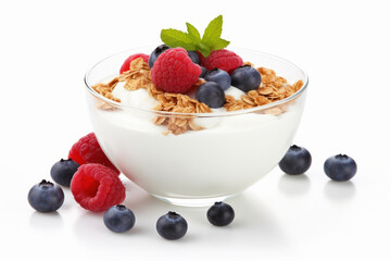 Full glass bowl of yogurt, red berry and oats on white background.