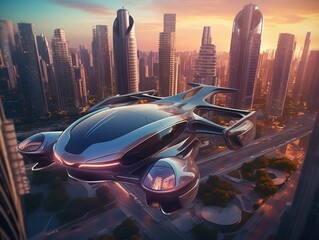 Fototapeta na wymiar Futuristic vehicle soaring through the sky above a metropolitan cityscape. AI-generated.