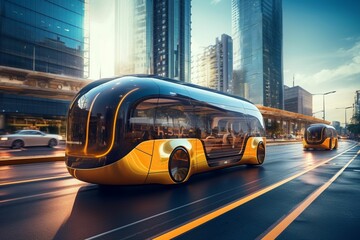 Futuristic city with autonomous mass transit electric vehicles. AI-generated. - obrazy, fototapety, plakaty