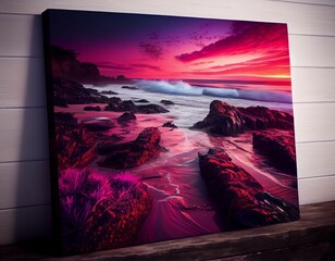AI generated illustration of a vibrant painting of a tranquil shoreline at a beautiful pink sunset