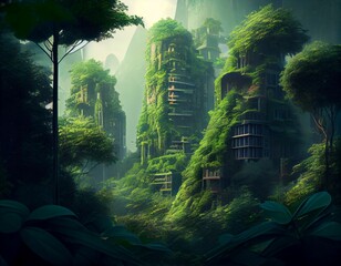 AI generated illustration of a quaint mountain village surrounded by lush greenery