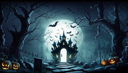 AI generated illustration of An eerie Halloween scene featuring a castle illuminated in a night sky