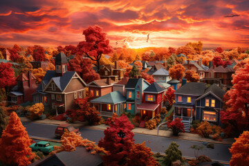 aerial view of suburban fall trees at sunset, united states