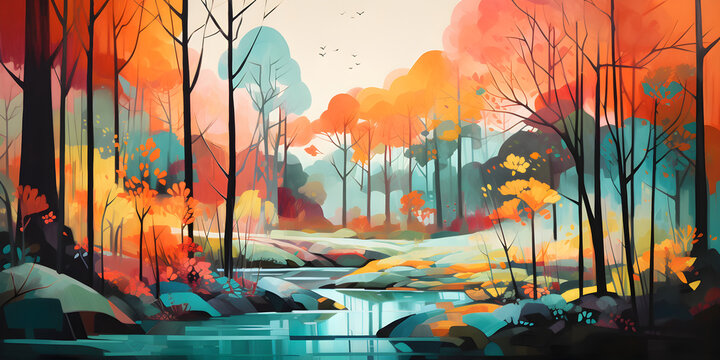 colourful simple cute painting of the woodland landscape, a picturesque forest environment in bright colours