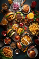 Freshly-prepared burgers and french fries meal, with a variety of toppings adding flavor