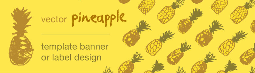 Template pineapple banner, pattern seamless, pineapples illustration, hand drawn vector exotic fruit for vegan banner, juice or jam label design. Natural ananas background for healthy food packaging. - obrazy, fototapety, plakaty