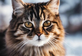 Fototapeta premium Tabby cat in a field of snow, gazing intently with its yellow eyes, AI-generated.