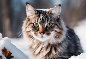Tabby cat in a field of snow, gazing intently with its yellow eyes, AI-generated.