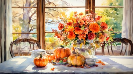 AI generated illustration of pumpkins on a table with a vase of flowers at home