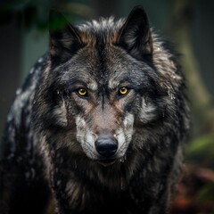 a wolf with brown eyes and a black tail walking in a forest