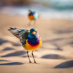 AI generated illustration of a colorful avian perched on a sandy beach