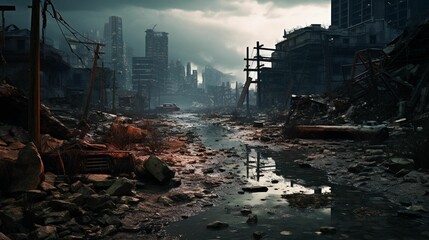 AI generated illustration of a desolated post apocalyptic landscape of a city - obrazy, fototapety, plakaty