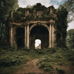 Arch entrance to a derelict building in an overgrown landscape, AI-generated.