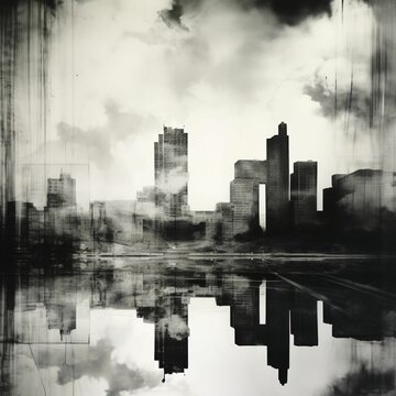 AI generated illustration of a black and white painting of city buildings reflected in a lake