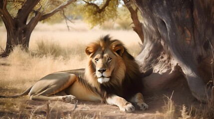 AI generated illustration of A majestic adult lion lounging in the shade of a grand tree