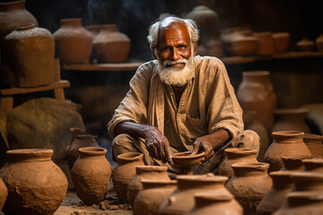 Indian potter making clay pot at home - obrazy, fototapety, plakaty