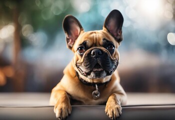 AI generated illustration of a happy brown French Bulldog on a sofa - obrazy, fototapety, plakaty