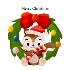 Naklejka premium Merry Christmas with watercolor cute squirrel wearing Santa hat holding candy cane and sitting front of Christmas wreath vector