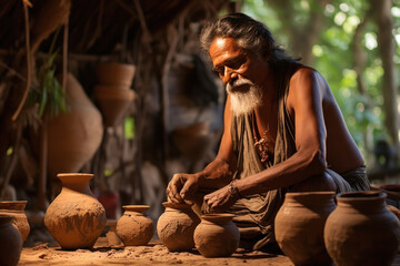 Indian potter making clay pot at home