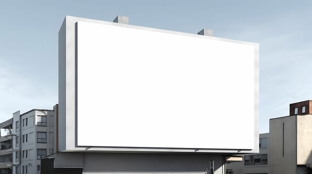 AI generated illustration of An empty white signboard against a cityscape backdrop