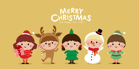 Obraz na płótnie Canvas Merry Christmas and happy new year greeting card with Santa Claus, cute kids in snowman, xmas tree, deer and red costume. Holiday cartoon character in winter season. -Vector