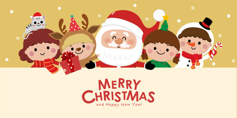 Fototapeta na wymiar Merry Christmas and happy new year greeting card with Santa Claus, cute kids in snowman, xmas tree, deer and red costume. Holiday cartoon character in winter season. -Vector