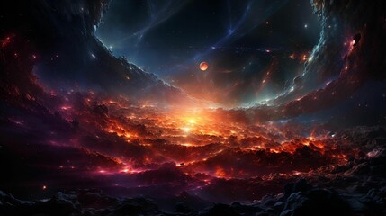 Supernova. Intense white core radiates amidst deep blues and fiery reds. AI-generated digital art.
