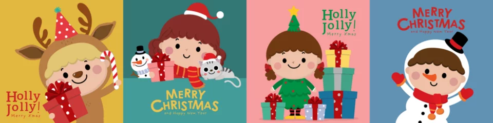 Tuinposter Merry Christmas and happy new year greeting card with Santa Claus, cute kids in snowman, xmas tree, deer and red costume. Holiday cartoon character in winter season. -Vector © Dusida