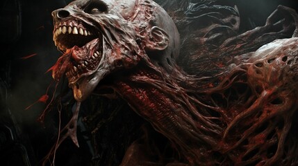 Hellspawn Unleashed: Hyperrealistic Flesh with Grotesque, Sharp Teeth. AI generated digital art. - obrazy, fototapety, plakaty