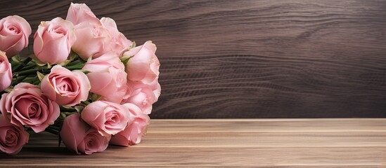 Close up photograph of a lovely arrangement of pink roses displayed in a vase on a rustic wooden table