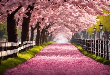 AI generated illustration of a vibrant urban street lined with pink blossoming trees