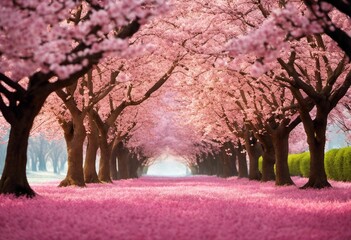 AI generated illustration of a vibrant urban street lined with pink blossoming trees