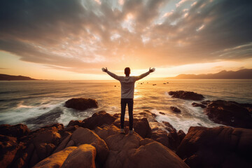 Young man standing with arms outstretched on the beach - obrazy, fototapety, plakaty
