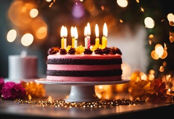 AI generated illustration of a delightful pink cake with lit candles on a table in a festive setting