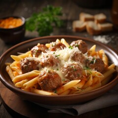 AI-generated illustration of delicious penne pasta with meatballs.