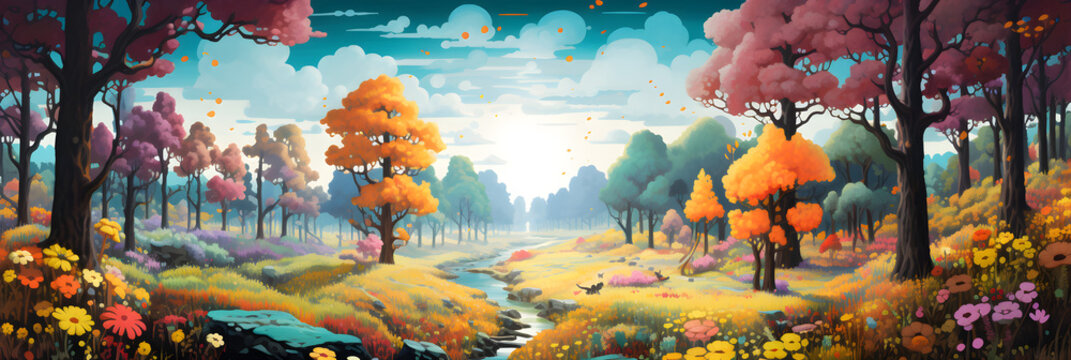 cartoon style colourful painting of the woodland landscape, a picturesque forest environment in bright colours