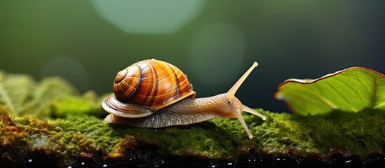 A green leaf serves as the path for the slow movement of a snail - obrazy, fototapety, plakaty