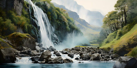 watercolour painting of the mountain waterfall landscape, a picturesque natural environment in soft harmonious colours