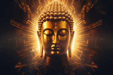 glowing colorful golden buddha, made using geometric shapes