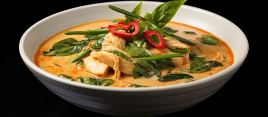 Chicken onions and snow peas swimming in a panang curry soup made with spicy coconut milk that comes from Thailand The soup is also garnished with spinach