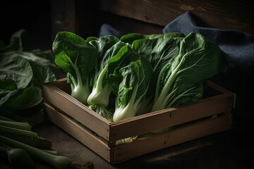 AI generated illustration of fresh bok choy in a wooden box