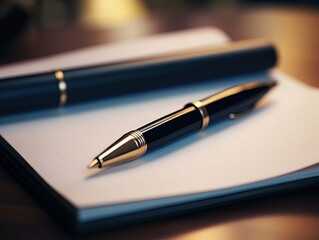 Notepad and pen on wooden desk AI