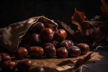 AI generated illustration of nuts in a cloth bag on a dark background