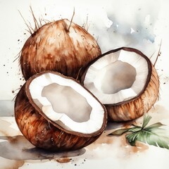 AI generated illustration of colorful watercolor painting of two ripe coconuts with green husks