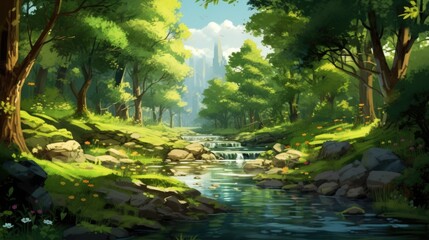 Gentle waterfall, blooming flora, and flying birds under blue skies. Natural beauty showcase.