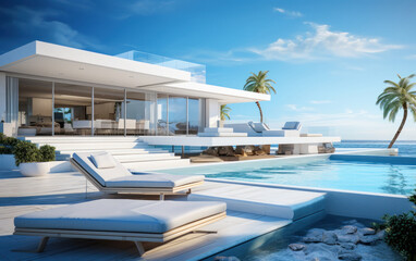 Fototapeta premium Super luxurious house with swimming pool and terrace in modern design.